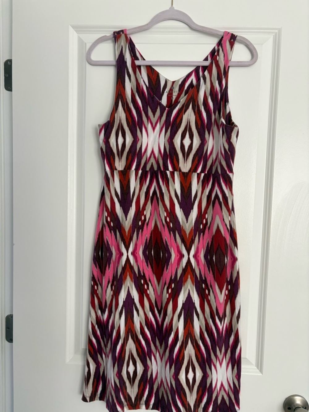 Athleta Sleeveless Geometric Midi Dress in Pink, Burgundy, White